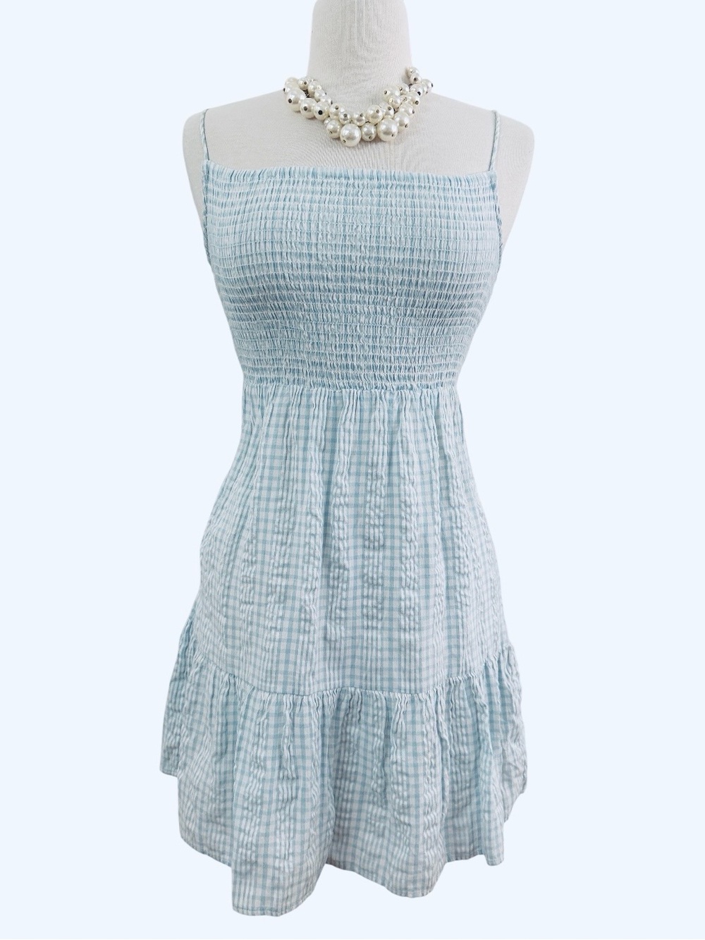 Cotton On Light Blue Gingham Shirred Mini Dress